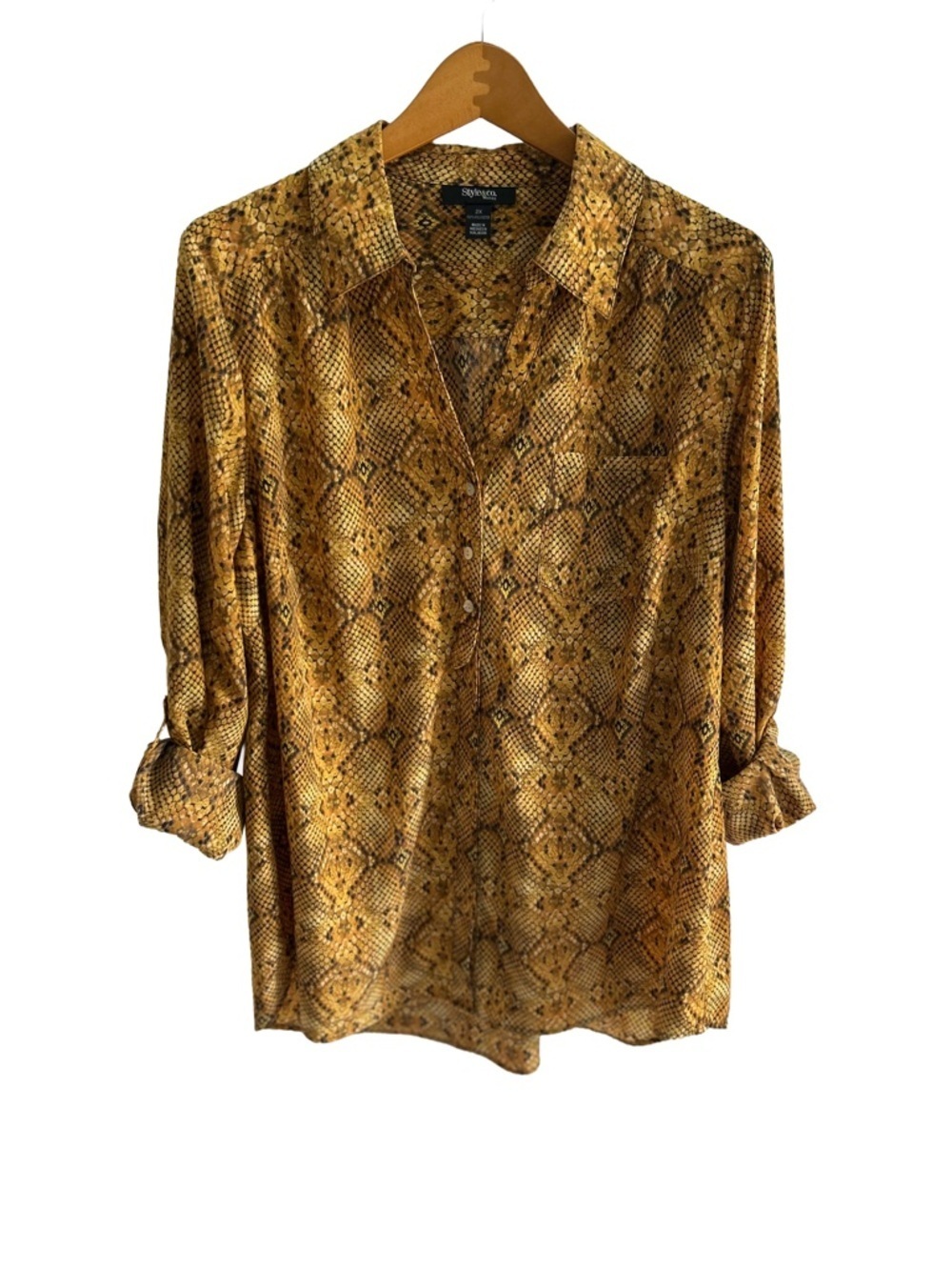 ๐ Style & Co. Yellow Snake-Print Button-Down Lightweight Shirt Tab Sleeve 2X - Picture 3 of 5